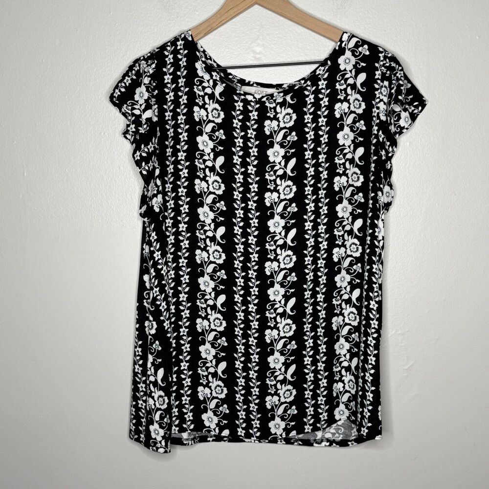LOFT Womens Blouse‎ XL Black White Floral Mixed Fabric Office Career Brunch